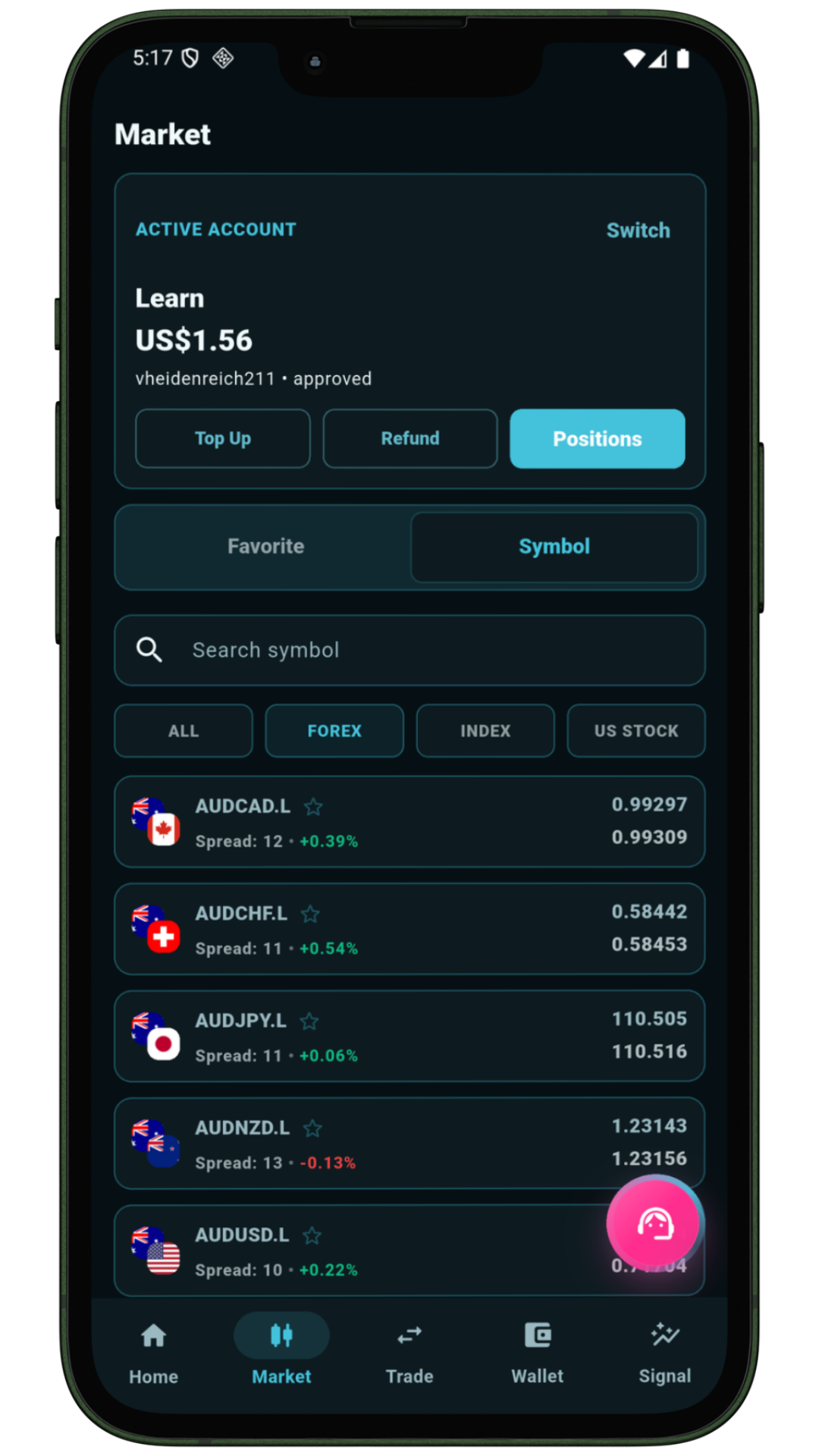 Screenshot Aura Trade app showing the Market page with active account and symbol list