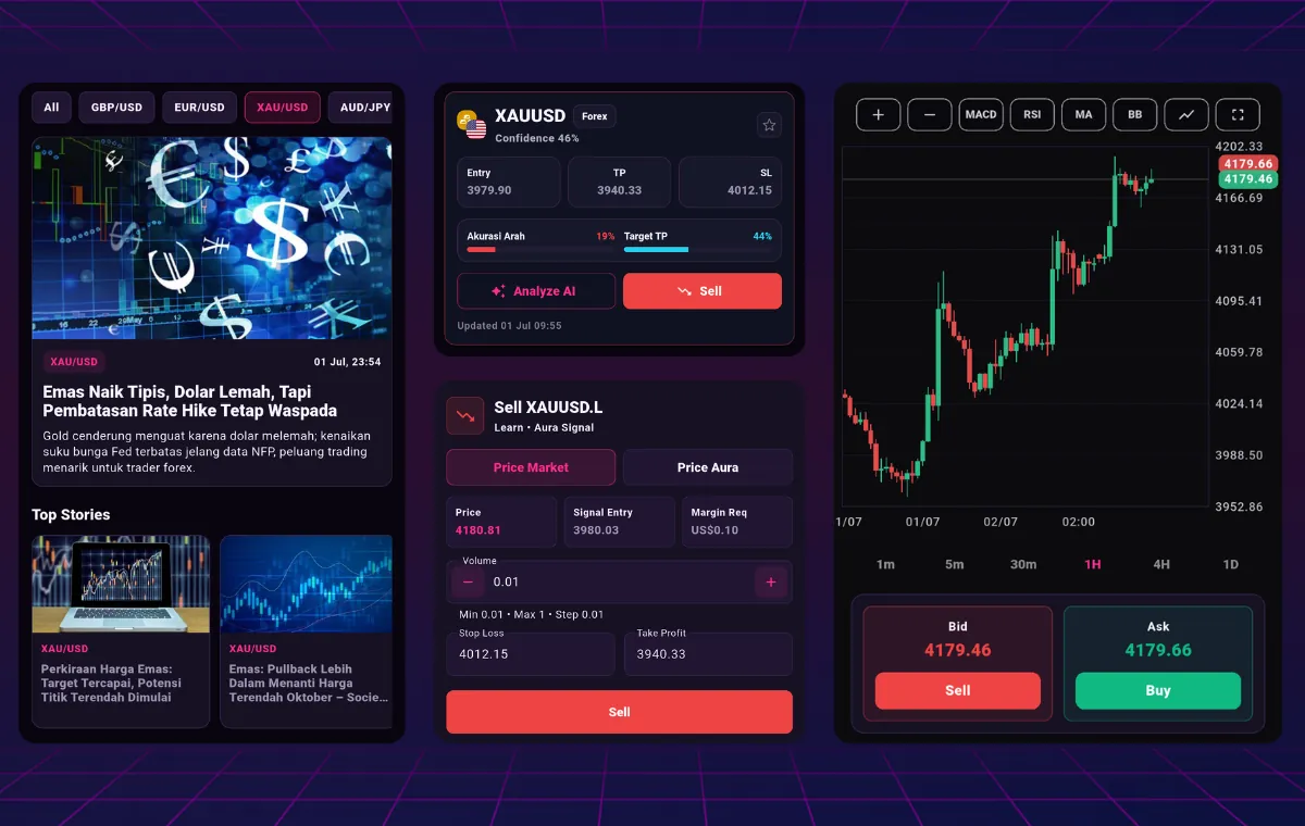 Aura Trade workspace showing market news, Signal, Aura AI, chart, and trade reading