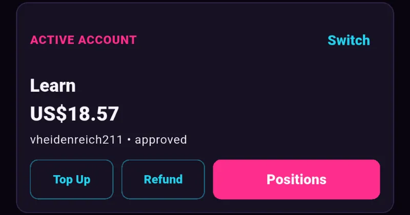 Aura Trade active account card with balance, top up, refund, and positions actions