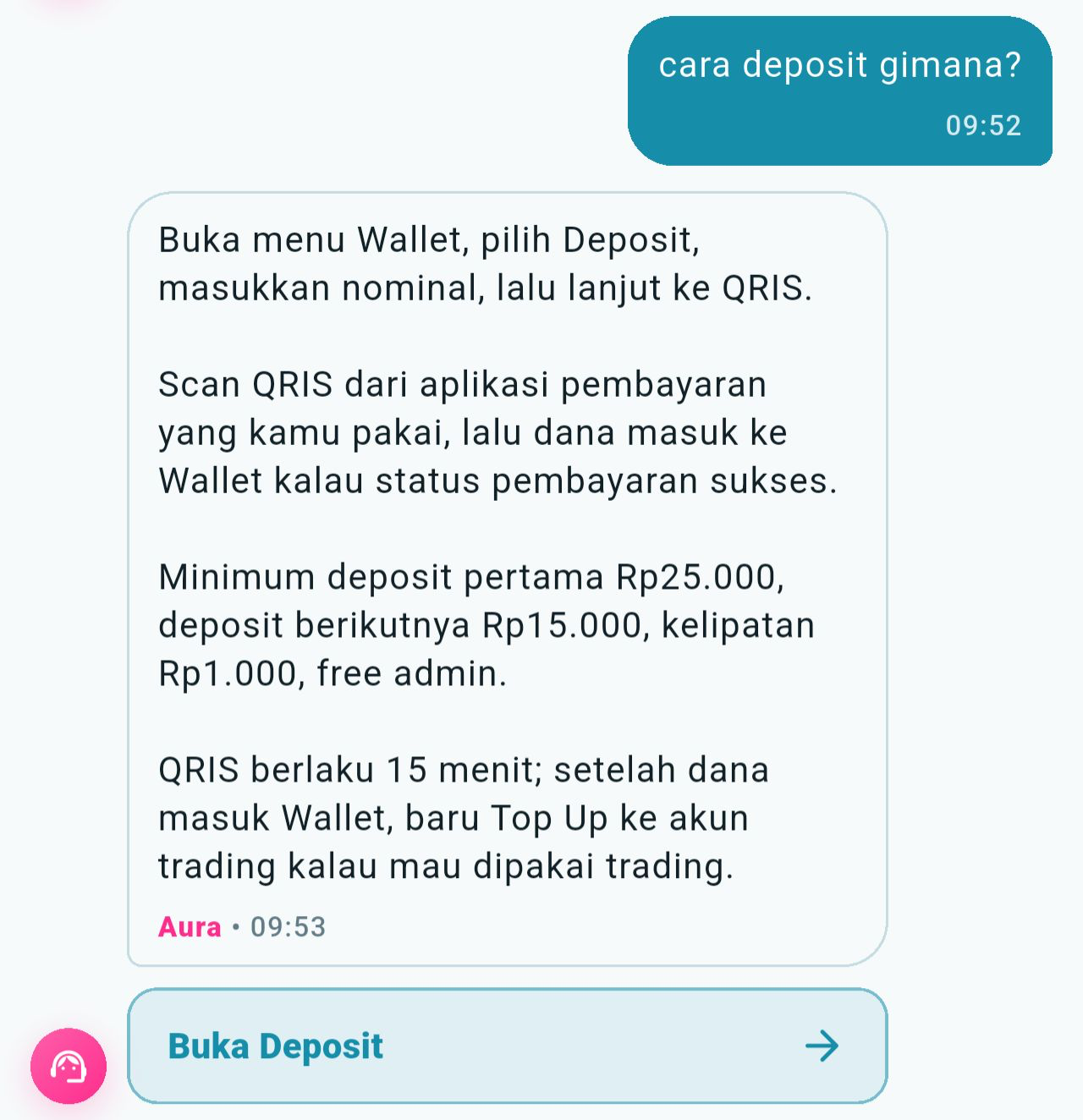 Contoh chat Aura menjelaskan cara deposit lewat Wallet, QRIS, dan minimum Rp25.000