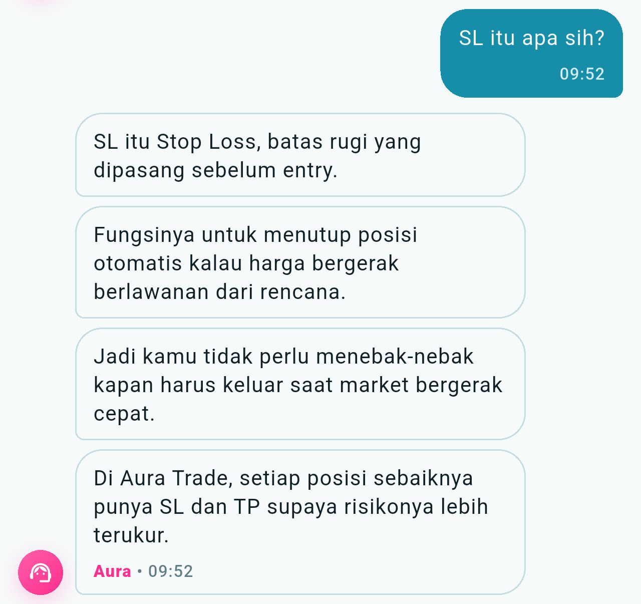 Contoh chat Aura menjelaskan arti SL atau Stop Loss secara singkat