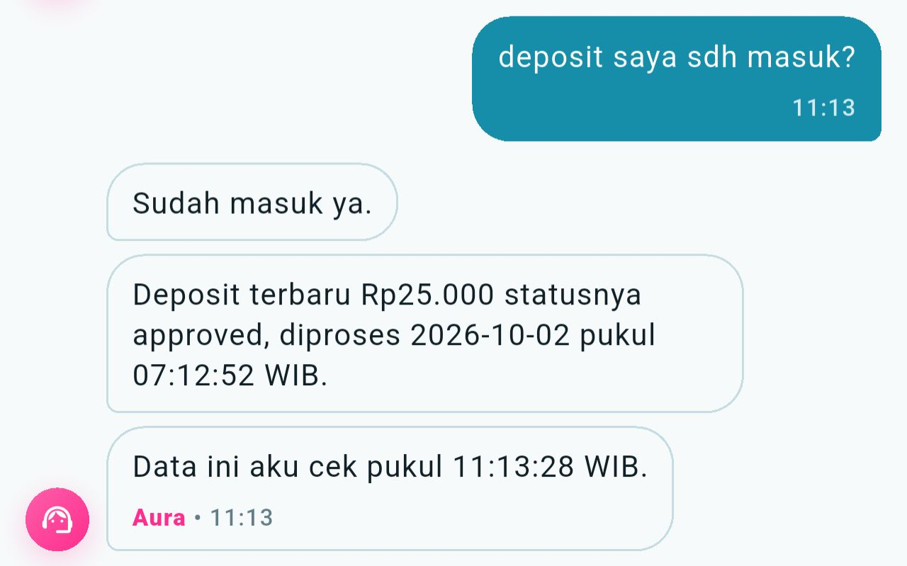Contoh chat Aura menjawab status deposit terbaru sudah masuk